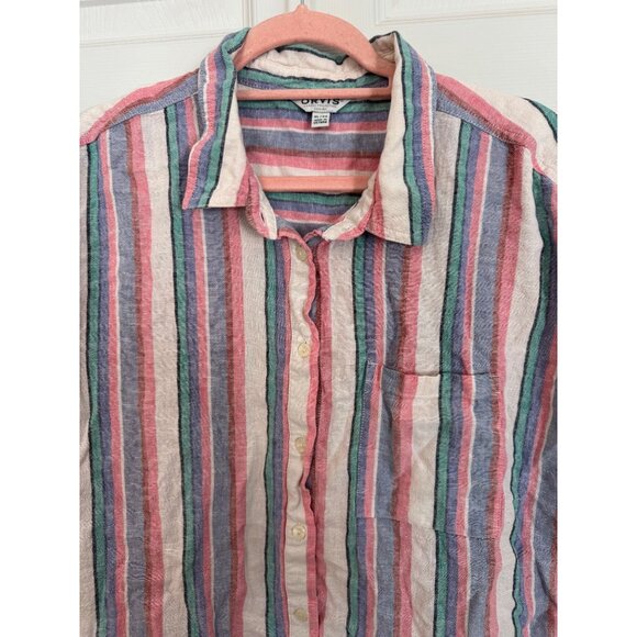 Orvis Multi-Color Cap Sleeve Striped Button Down Linen Blend Blouse Size XL - Picture 6 of 8